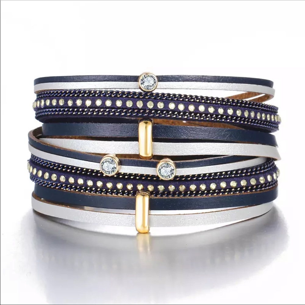 Layered Vegan Leather Wrap Bracelet - Blue & Gold